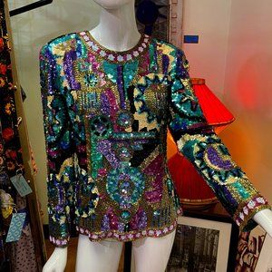 Oleg Cassini Black Tie Sequin and Beaded Vintage Top